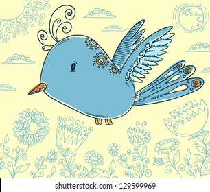 Doodle Blue Bird Vector Illustration