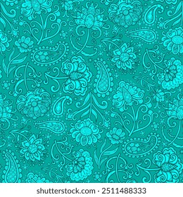 Doodle, Blumen im blauen Boho-Stil, handgezeichnet. Nahtloses Blumenmuster-381.