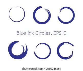 Doodle blue circles vector set. Watercolor hand painted enso symbols. Hand drawn ink zen circles collection. Scribble circular elements, round shapes, isolated on white.