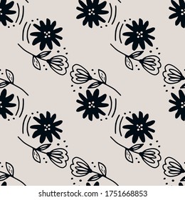 Doodle blue flower seamless pattern in line art style on light background. Abstract floral. Decorative backdrop for fabric design, textile print, wrapping paper, cover. Vector illustration