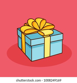 Doodle blue gift box with yellow bow on pink background. Vector illustration