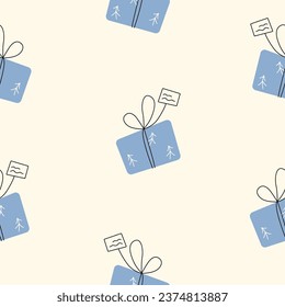Doodle blue gift boxes seamless pattern. Winter holidays, New Year and Christmas presents wrapping paper print design. Vector illustration.