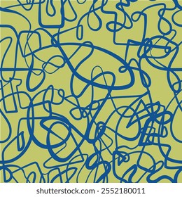 Doodle blue lines on green show the beauty of chaos and randomness. Perfect for modern art lovers.