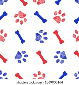 Doodle blue and red paw print seamless fabric design repeated pattern white background
