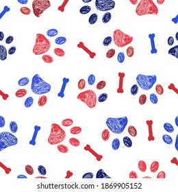 Doodle blue and red paw prints and bones seamless pattern