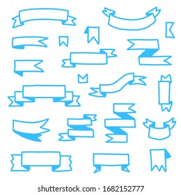 Doodle blaue Bänder Set. Cute-Banner-Kollektion einzeln auf weißem Hintergrund. 