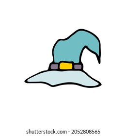 Doodle blue witch hat. Hand-drawn detail of masquerade festive costume isolated on white background. Vector illustration for Halloween, trick or treat party, mystical paranormal design, creepy print