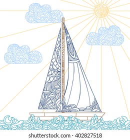 Doodle boat floating on the waves. Can be used for coloring book page design, anti stress hobby for adult. Vector illustration with color outline.