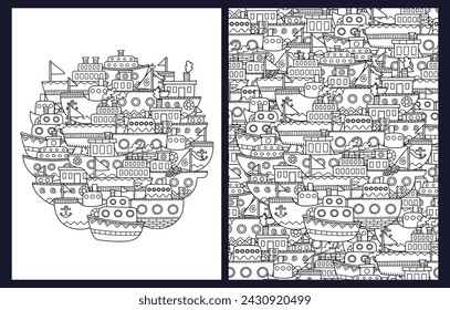 Doodle boats coloring pages set. Black and white ships background. Outline marine prints collection. Vector illustration