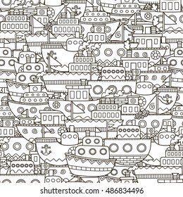 Doodle boats seamless pattern. Black and white ships background. Great for coloring book, wrapping, printing, fabric and textile. Vector illustration