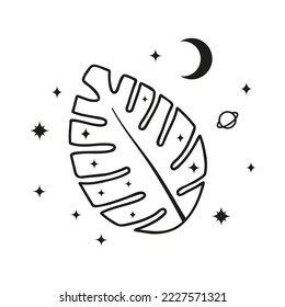 Doodle boho celestial monstera leaf and crescent moon, planet, stars around isolated on white background. Botanical illustration.