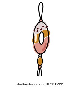 Doodle boho Christmas ball sticker. Oval ring Toy with tassels, fringe on white background. Pastel nude colors festive decoration. Vector New Year illustration. Cute hand drawn winter holidays symbol