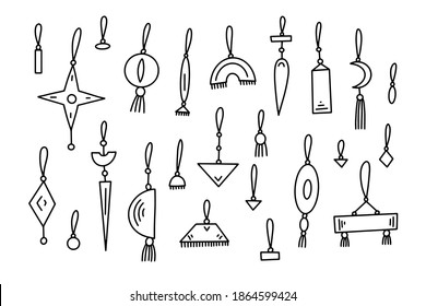 Doodle boho Christmas balls Set. Toys with tassels, fringe isolated on white background. Outline Scandinavian festive decoration. Vector New Year illustration. Cute hand-drawn winter holidays symbol 