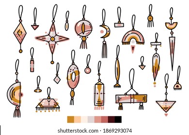 Doodle boho Bolas de Navidad Set. Juguetes con borlos, franjas aisladas sobre fondo blanco. Decoración festiva de colores pastel desnudos. Ilustración de Año Nuevo vectorial. Símbolo de vacaciones de invierno dibujado a mano 