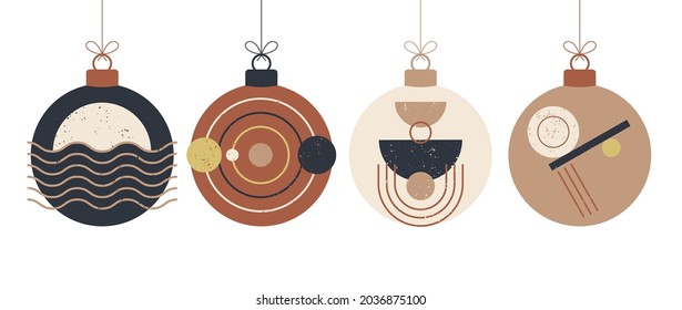 Doodle boho Christmas concept balls Set. decoration Toys with tassels, fringe isolated on white background. pastel and terracotta colors festive decoration. Vector New Year illustration