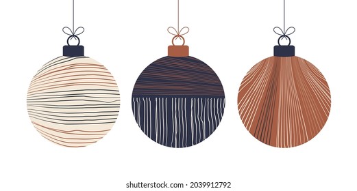 Doodle Boho Christmas Concept Balls Set. Decoration Toys With Tassels, Fringe Isolated On White Background. Pastel And Terracotta Colors Festive Decoration. Vector New Year Illustration