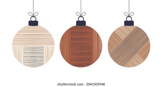 Bolas de concepto de Navidad Doodle Boho Set. decoración Juguetes con borlas, franjas aisladas en fondo blanco. decoración festiva en tonos pastel y terracota. Ilustración del Año Nuevo vectorial