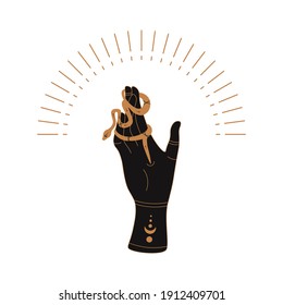 Doodle boho mystic template. Hand drawn esoteric magic hands with snake and moon, simple feminine logo design. Vector illustration