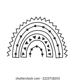 Doodle boho rainbow line art. Black hand drawn outline bohemian rainbow on white background. Trendy vector illustration for kids, print, greeting card, poster, design
