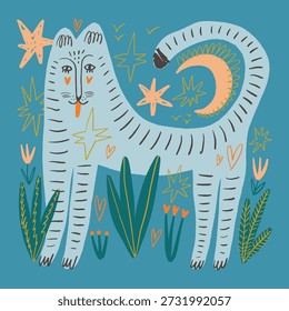 Doodle boho single isolated floral Valentine and anniversary tiger or toyger cat in funky contemporary abstract collage in modern memphis style. Stripes and stars. Vector illustration EPS clip-art for
