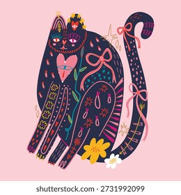 Doodle boho single isolated floral Valentine and anniversary tiger or toyger cat in funky contemporary abstract collage in modern memphis style. Stripes and stars. Vector illustration EPS clip-art for