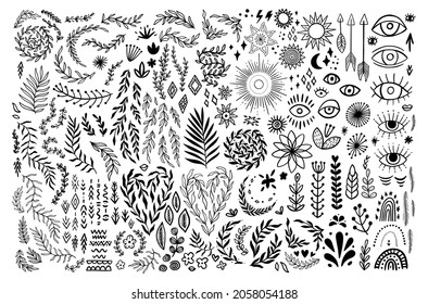 Doodle boho vintage floral set. Bohemian symbols in rustic graphic style. Collection silhouettes moon, flower, arrows. Vector illustration isolated on white background. Tribal eyes, aztec ornaments