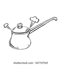 Doodle boiling pan rises pairs long handle - vector black and white hand drawing