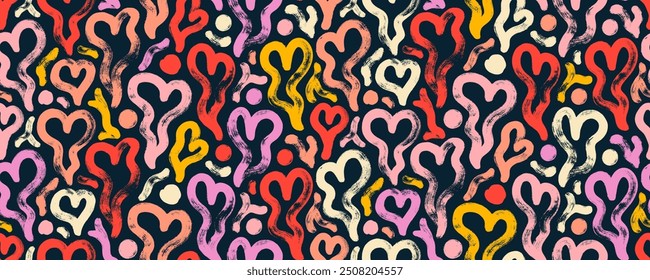 Doodle bold brush drawn hearts seamless pattern for Valentine's day. Colorful thick brush smears, melt hearts with circles. Vector retro illustration for Valentine's day. Love motif seamless banner.