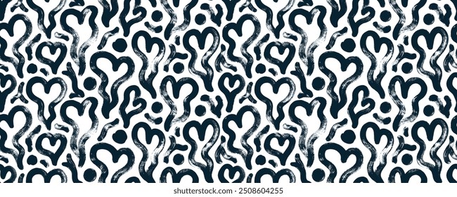 Doodle bold brush drawn hearts seamless pattern for valentine's day. Thick brush smears, melt hearts with circles. Vector retro illustration for Valentine's day. Love motif seamless banner background.