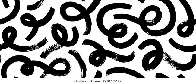 Doodle bold lines seamless pattern. Brush drawn loop lines, swashes and curved strokes. Abstract wallpaper design, textile print. Vector monochrome organic ornament. Modern stylish texture with swirls