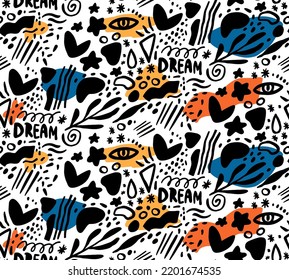 Doodle bold seamless background for teen apparel, abstract text texture, vector black and white wallpaper design.