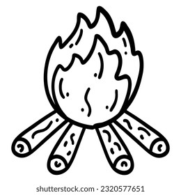 Doodle bonfire. Hand drawn outline vector illustration of wood-burning fire for print, card, coloring page