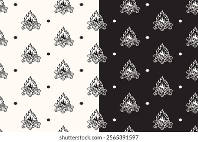 doodle bonfire with wood seamless pattern on black white background for camping adventure merchandise.  retro campfire with timber pattern background. pattern of bonfire, campfire vector background