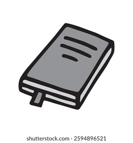Doodle book with bookmark icon hand drawn with black line in freehand style and colored grey
