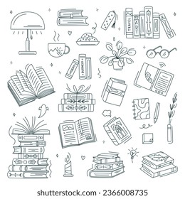 Colección de libros de Doodle. Ilustración del vector educativo, icono del conjunto de libros. Pila de libros, gafas, lámpara, libros verticales. Concepto de lectura de libros. Día mundial del libro. Minimalismo, arte de líneas.