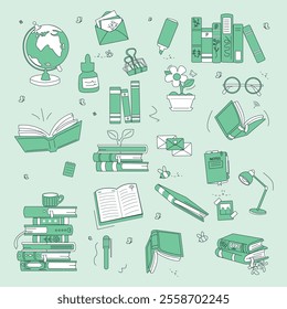 Doodle book collection. Educational Vector isolated illustration, books set icon. Stack of books, glasses, lamp, vertical books. Reading books concept. World book day. Minimalism, monochrome.