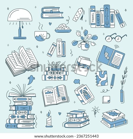 Doodle book collection. Educational Vector illustration, books set icon. Stack of books, glasses, lamp, vertical books. Reading books concept. World book day. Minimalism, line art, monochrome.