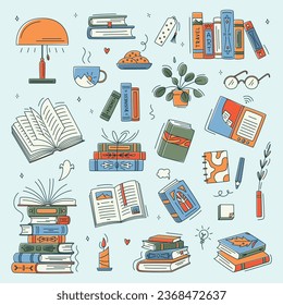 Colección colorida del libro de dibujos animados. Ilustración del vector educativo, icono del conjunto de libros. Pila de libros, gafas, lámpara, libros verticales. Concepto de lectura de libros. Día mundial del libro. Minimalismo, arte de líneas.