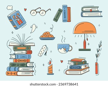 Doodle book colourful collection. Educational Vector illustration, books set icon. Stack of books, glasses, lamp, vertical books. Reading books concept. World book day. Minimalism, line art.