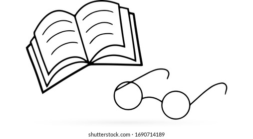 Doodle book, glasses, icon isolated on white. Outline education symbol. Sketch template set for school etc. Vector stock illustration