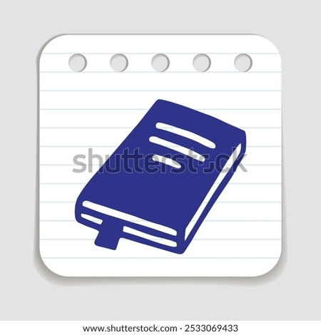 Doodle book icon with bookmark handdrawn with blue pen on a notepaper
