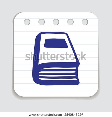 Doodle book icon with bookmark handdrawn with blue pen on a notepaper