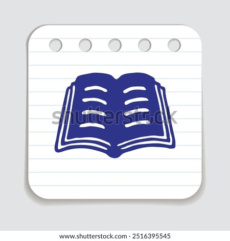 Doodle book icon handdrawn with blue pen on a notepaper. Knowledge and education symbol