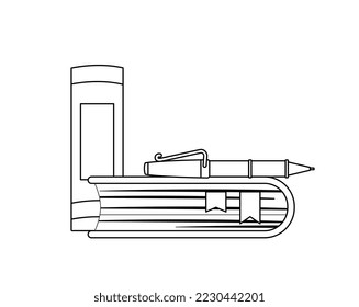 Doodle book icon. Text book with bookmark and pen, minimalistic creativity and art. Poster or banner for website. Holiday and festival, love of literature, hobby. Cartoon flat vector illustration