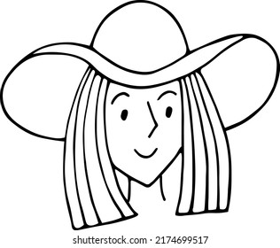 Doodle book illustration of a girl in a hat. Vector illustration, icon, symbol, line