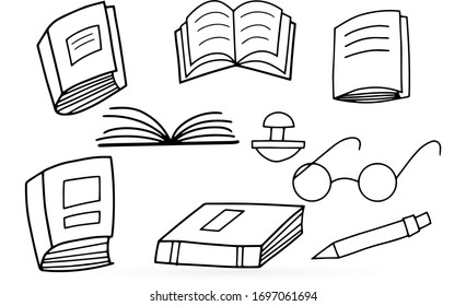 Doodle book, pen, glasses, stamp icon isolated on white. Outline education symbol. Sketch template set for school etc. Vector stock illustration