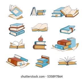 Doodle books, hand drawn novel, encyclopedia, story, dictionary vector icons. Book literature to school, set of books for reading and education illustration.