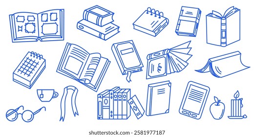 Doodle books set. Education Vector illustration collection. Modern literature kit. Design elements for ad and prints.