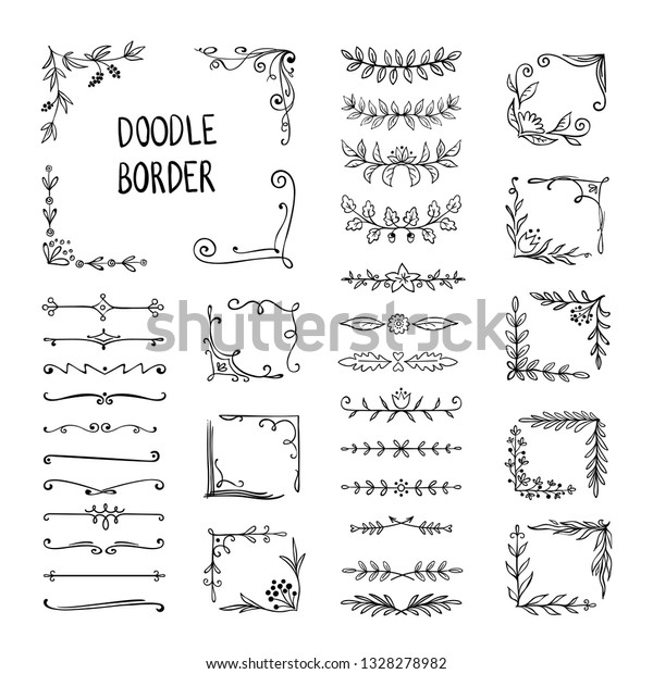 Doodle border. Flower ornament frame, hand drawn\
decorative corner elements, floral sketch pattern. Vector doodle\
frame elements