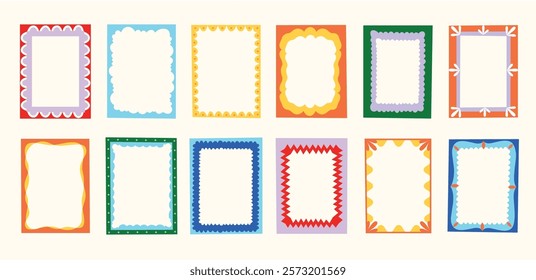 Doodle border frame. Decorative abstract wavy edge geometric shapes, cute funky bubble box text design elements. Vector isolated collection.